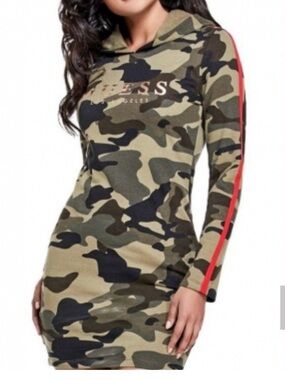 Guess Camouflage Long Sleeve Bodycon Dress with Red Stripe